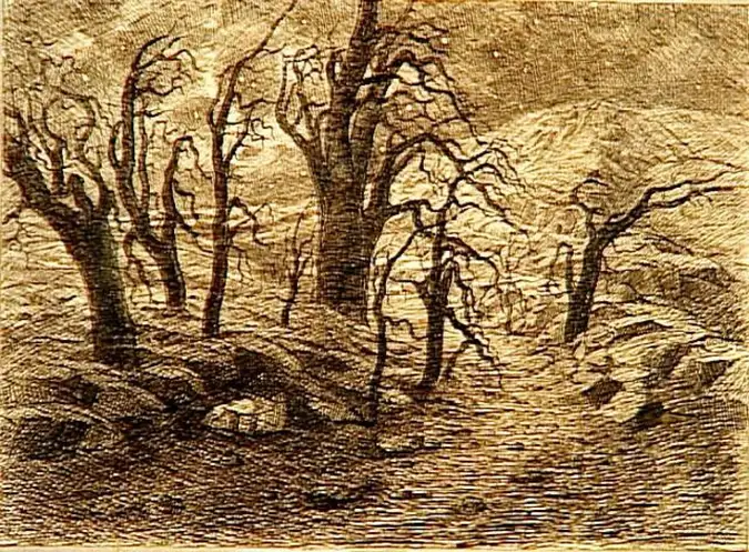 Gaston Redon - Paysage fantastique, arbres morts et nuit étoilée