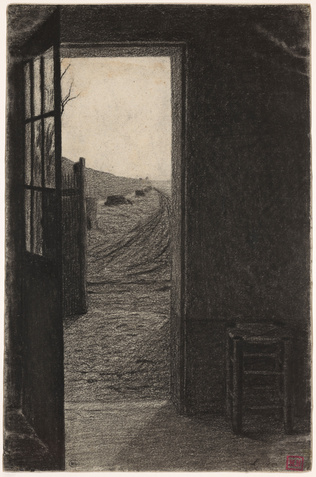 Léon Bonvin - Une chambre avec la porte ouvrant sur une cour et un chemin