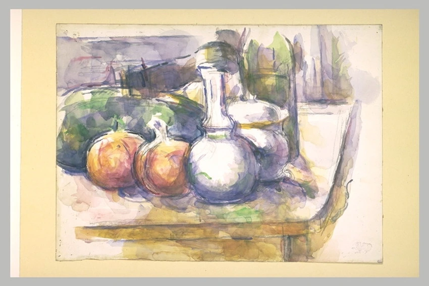 Paul Cézanne - Nature morte avec grenades, carafe, sucrier, bouteille et pastèqu...