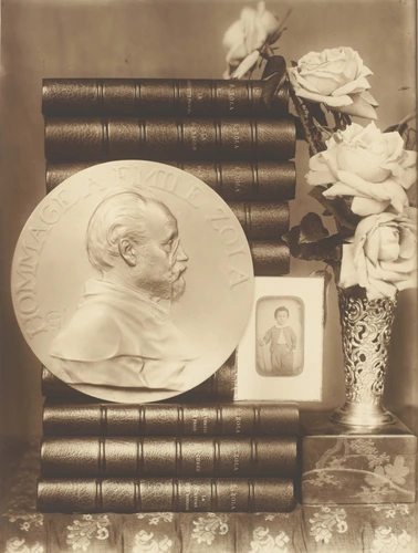 Emile Zola - Portrait triple de l'auteur : livres, médaillon et daguerréotype le...