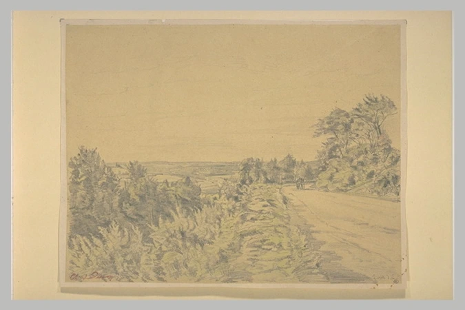 Charles Desavary - Paysage panoramique avec une route bordée d'arbres