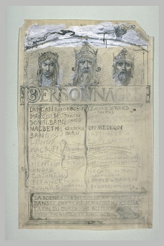 Luc Olivier Merson - Projet de frontispice pour Macbeth orné de trois têtes cour...