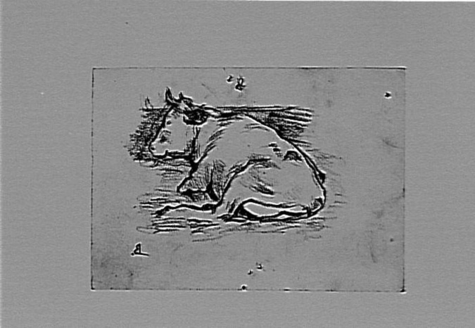 Anonyme - Photographie d'un croquis de Carlo Bugatti : vache couchée, vue par la...
