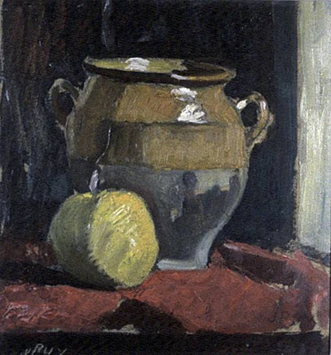 Jean Puy - Poterie et citron sur tapis groseille