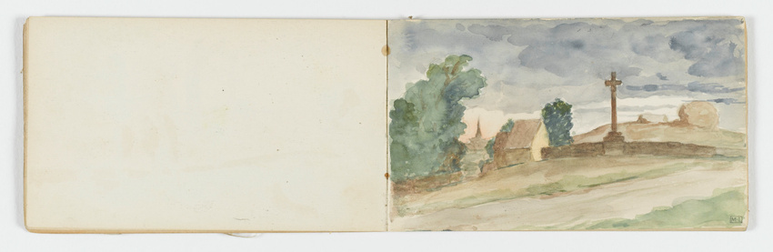 Jean Hugues - Paysage avec une croix au centre d'un muret accolé à une maison. G...