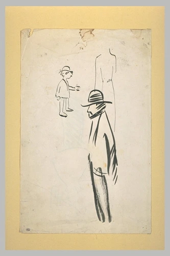 Georges Bottini - Trois silhouettes dont celle d'un personnage, mains derrière l...
