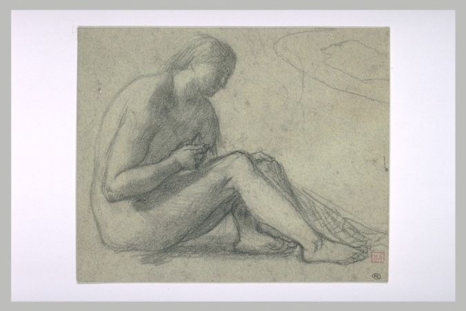 Pierre Puvis de Chavannes - Femme nue assise à terre, de profil à droite, tenant...