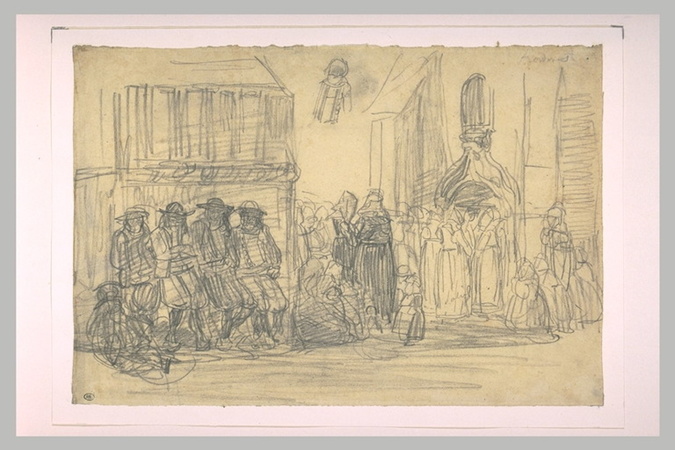 Eugène Boudin - Fidèles près du calvaire et de l'église, à Kerdévot