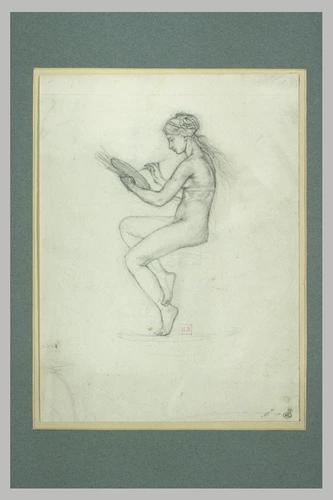 Oscar Roty - Femme nue, assise, de profil à gauche, tenant une palette