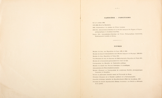 Louis Lumière - Notice sur les titres et travaux de Monsieur Louis Lumière