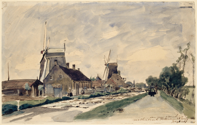 Johan Barthold Jongkind - Canal en Hollande bordé de maisons et de moulins
