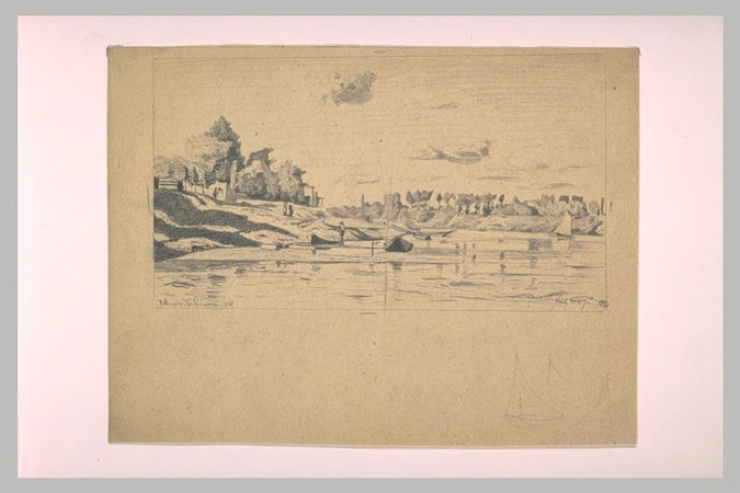 Paul Guigou - Paysage de rivière avec quelques barques navigant ou accostant