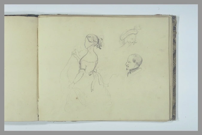 Edgar Degas - Jeune femme femme, de profil gauche, en pied ; deux études de tête...