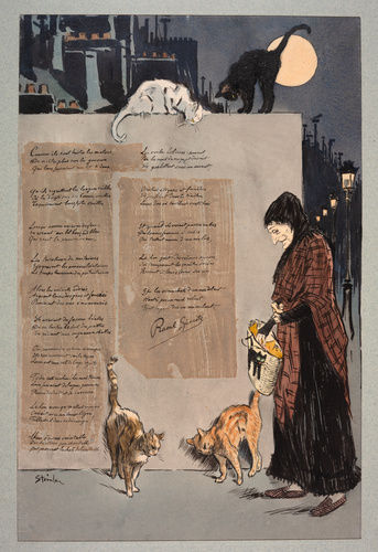 Théophile Alexandre Steinlen - Femme âgée regardant des chats dans une rue la nu...