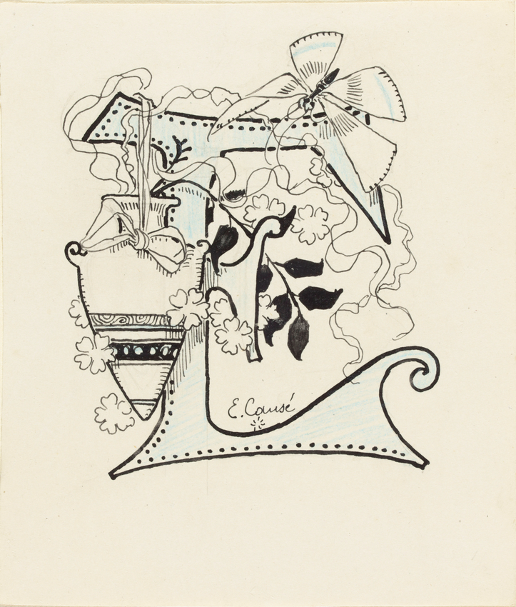 Lettre ornée E, à décor d'amphore et de libellule - Emile Causé