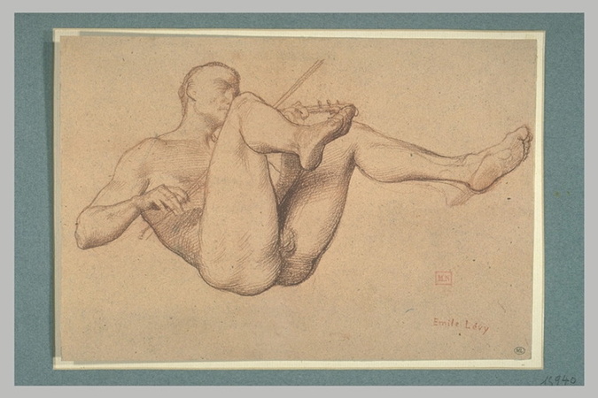 Emile Lévy - Homme nu couché, jouant du violon, jambes écartées