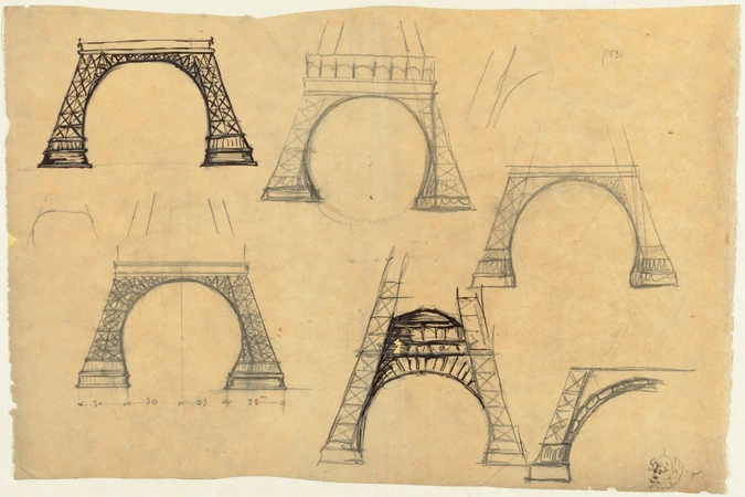 Gustave Eiffel - Six croquis représentant deux piliers de la Tour Eiffel