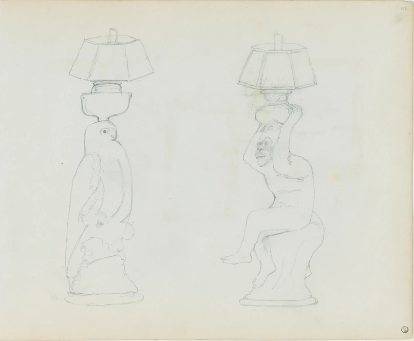 Esquisses d'un perroquet et d'un singe, portant tous deux une lampe sur la tête - Georgiana Louisa Berkeley
