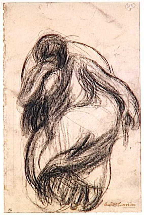 Eugène Carrière - Femme assise, dans un fauteuil, de face, tenant son front de s...