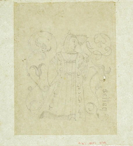 Poncif pour le décor de cendrier "Bézigue" : Pallas, la dame de pique, tenant une fleur sur un fond d'arabesques - Emile Gallé