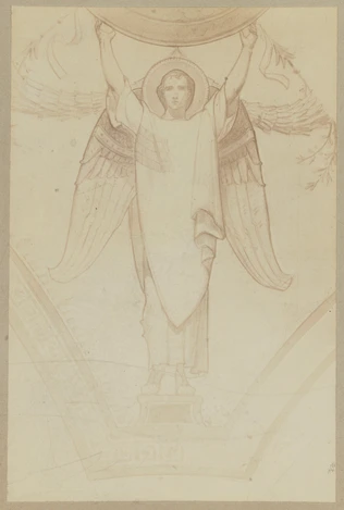 Photographie d'un dessin préparatoire représentant un ange soutenant un élément décoratif sphérique - D. Freuler