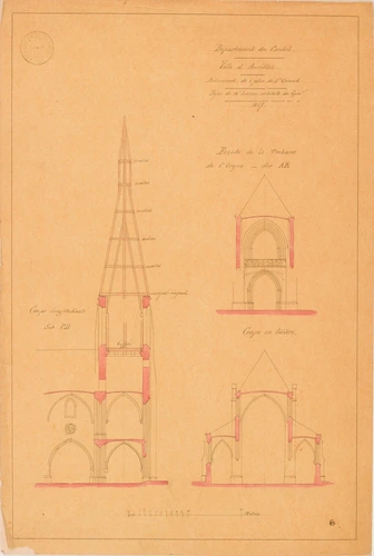 Jean-Baptiste Lassus - Eglise de Saint-Géraud à Aurillac, coupes longitudinale e...