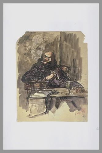 Amand Gautier - Un homme barbu, assis derrière une table, tenant une pipe