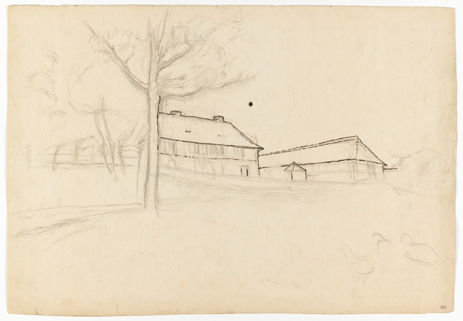 Edgar Degas - Paysage avec bâtiments de ferme et arbres, un oiseau au premier pl...