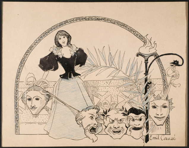 Emile Causé - Motif décoratif formé de masques de comédie, d'une figure de jeune...
