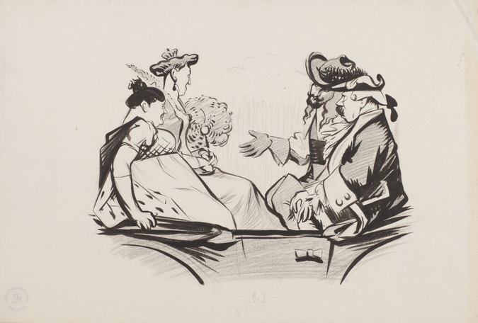 René Hermann-Paul - Quatre personnes déguisées en discussion dans une calèche