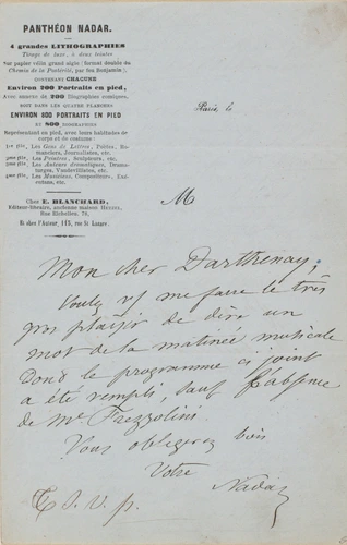 Lettre de Félix Nadar sur papier à l'en-tête du Panthéon Nadar, adressée à M. Darthenay, accompagnée du programme d'une matinée musicale - Nadar