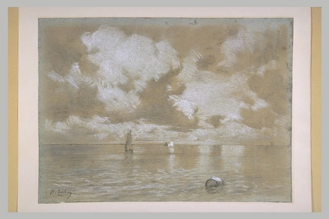 Henri Zuber - Mer calme avec à l'horizon des barques à voiles