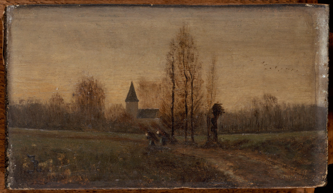 Ferdinand Heilbuth - Paysage avec une église et deux femmes portant des fagots