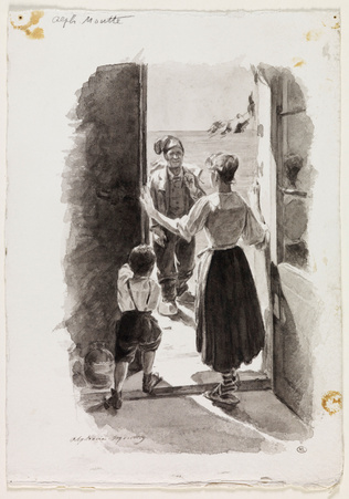 Alphonse Moutte - Paysanne et enfant debout, accueillant un paysan venant du deh...