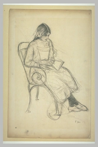 Fernand Maillaud - Jeune fille assise dans un fauteuil de jardin, lisant, de tro...