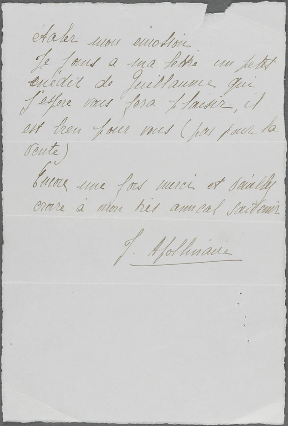 Correspondance manuscrite Jacqueline Apollinaire à Paul Guillaume