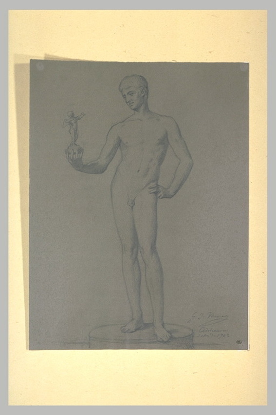 Gabriel Thomas - Ephèbe nu, tenant de la main gauche une statuette de l'Amour
