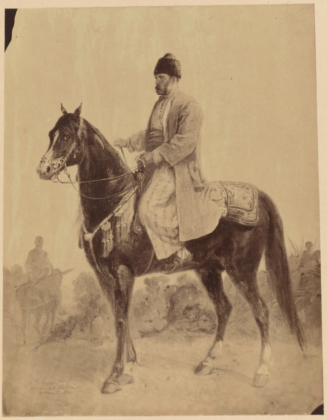 Henry Sauvaire - Peinture par Camille Rogier, homme monté sur un cheval, paysage...