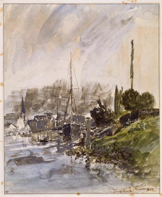 Johan Barthold Jongkind - Le port d'Honfleur à marée basse, avec des bateaux éch...