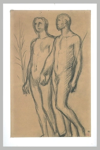 Pierre Puvis de Chavannes - Deux hommes nus, se dirigeant vers la gauche, tenant...
