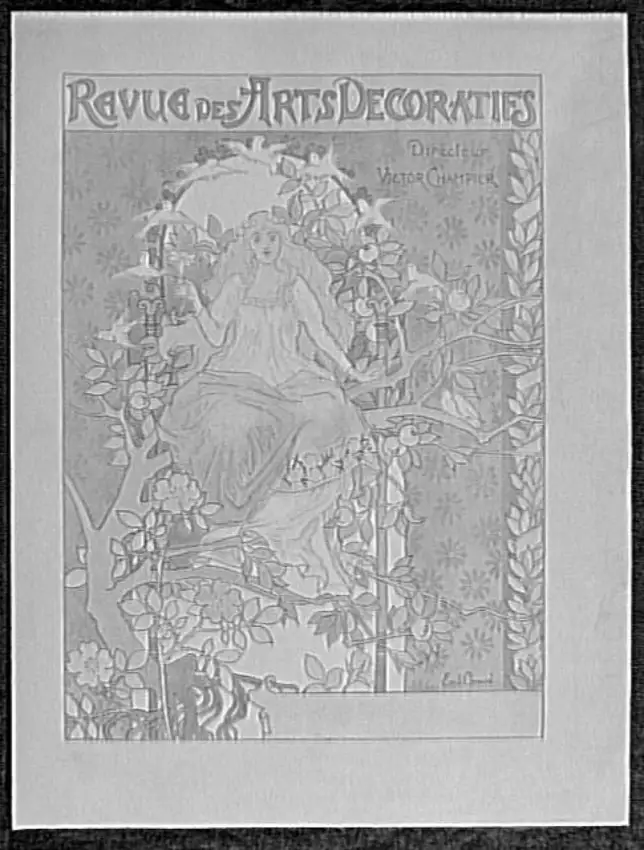 Page de couverture de la Revue des Arts Décoratifs représentant une jeune femme assise sur une branche d'arbre fruitier, entourée d'oiseaux, sur fond architecturé, fleurs au premier plan - Emile Causé