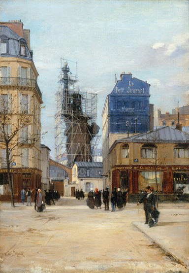 Paul Joseph Victor Dargaud, La Liberté éclairant le monde vue du boulevard de Courcelles, 1884, la statue sous échafaudage au fond d’une rue parisienne