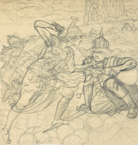 Eugène Grasset - Scène légendaire de combat entre une femme et un homme dans un ...
