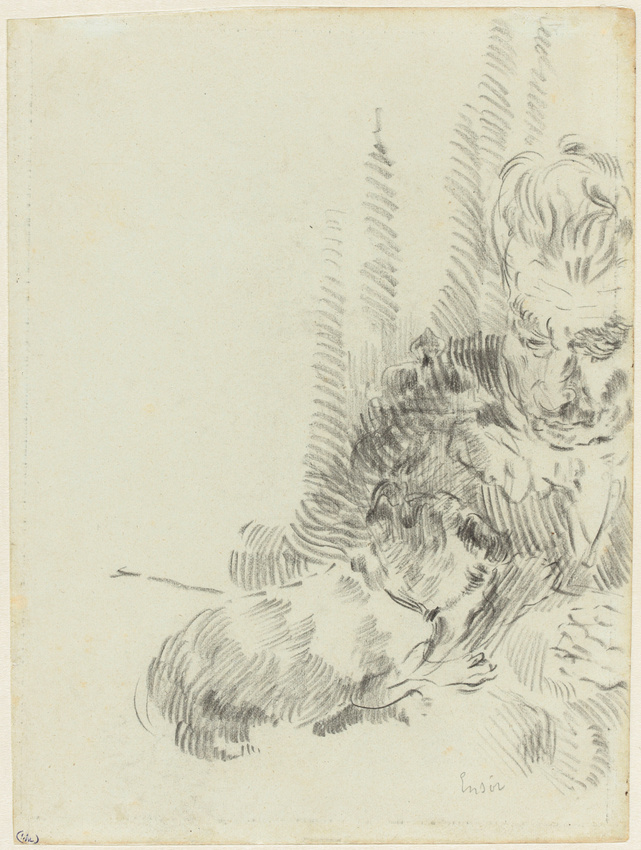 James Ensor - Grand-mère assise jouant avec son petit chien