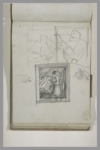 Trois études pour un homme lisant et deux caricatures