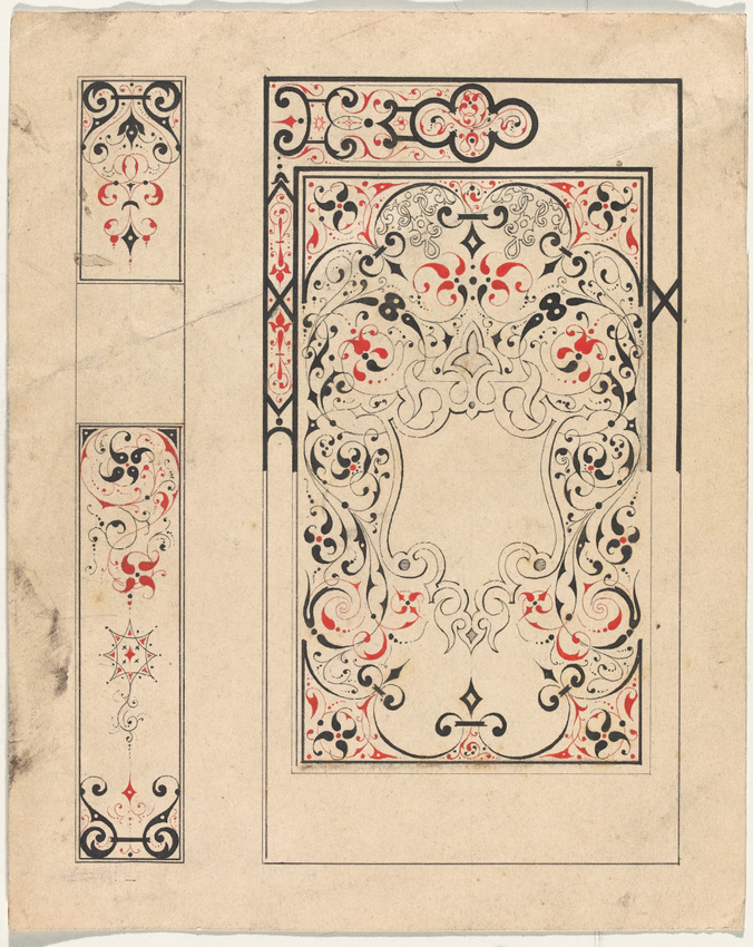 Planche de motifs décoratifs composés d'arabesques rouges et noires ...
