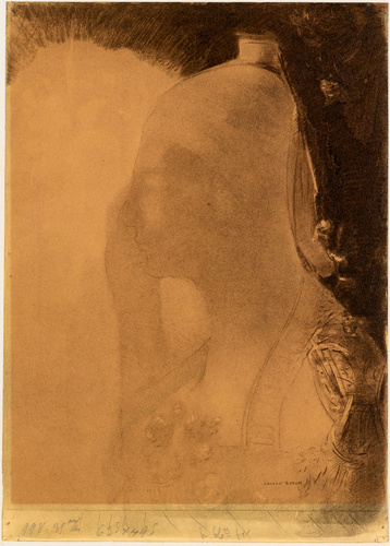 Odilon Redon - Le Sommeil : une femme vue en buste, les yeux clos et coiffée d'u...