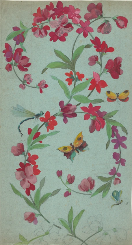 Etude de guirlande fleurie avec papillons et libellules - Claudius Popelin