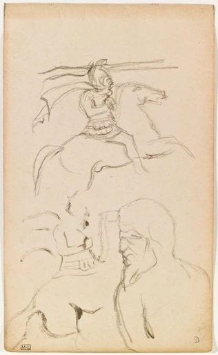 Pierre Bonnard - Deux études de cavalier et profil d'homme barbu (satyre ?)