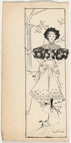 Emile Causé - En-tête, jeune femme en promenade soulevant sa robe, hirondelles e...